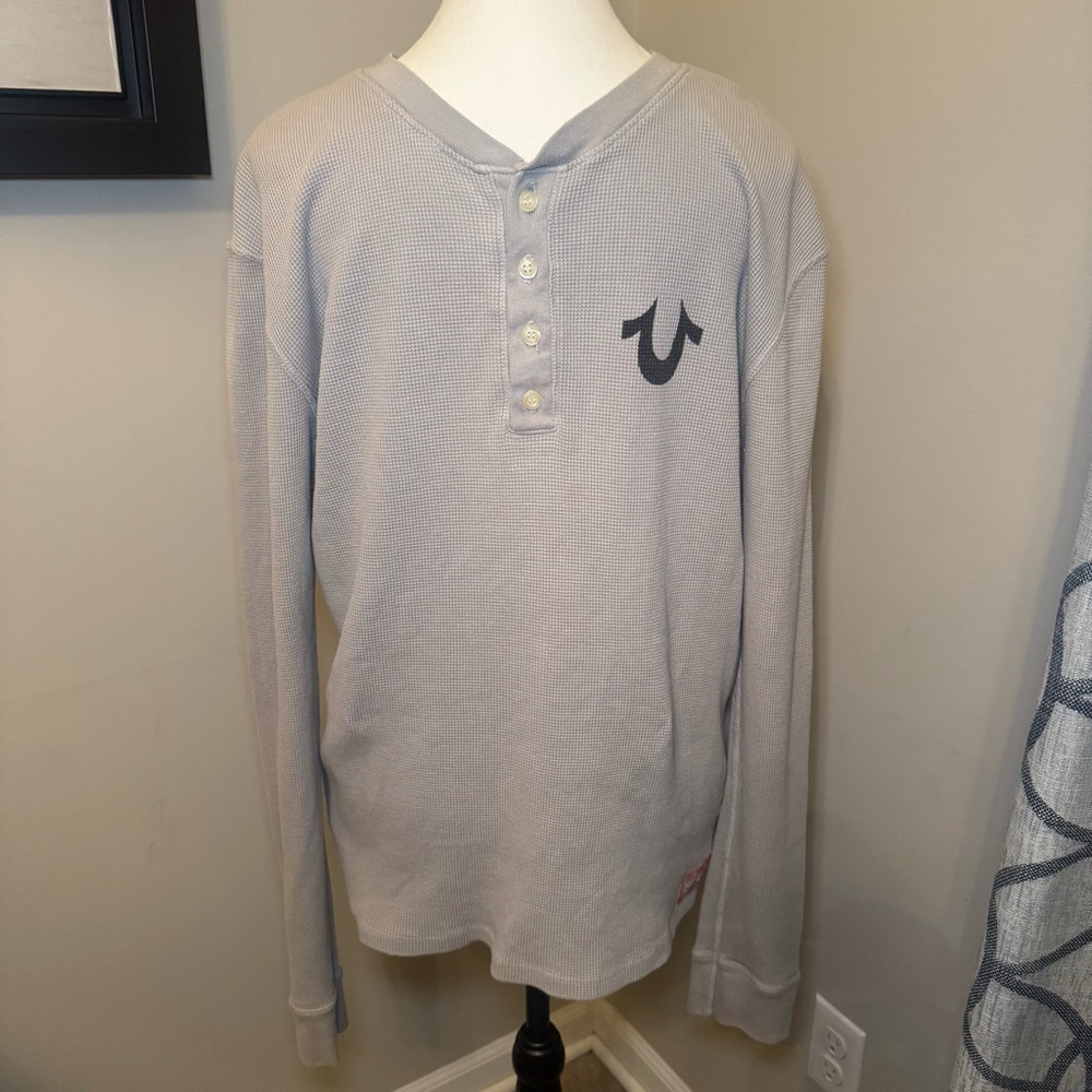 True Religion Brand‎ Jeans Gray Waffle Knit Henley Thermal Y2K USA L - Picture 2 of 11